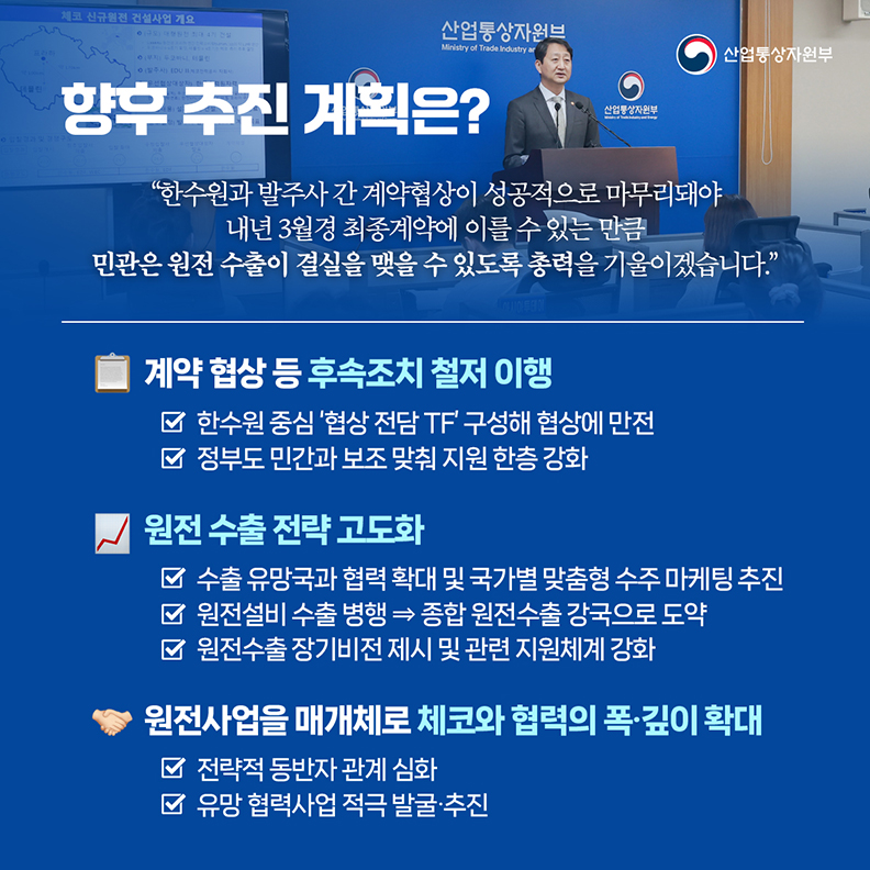 [산업통상자원부] 향후 추진 계획은? “한수원과 발주사 간 계약협상이 성공적으로 마무리돼야 내년 3월경 최종계약에 이를 수 있는 만큼 민관은 원전 수출이 결실을 맺을 수 있도록 총력을 기울이겠습니다.” ▶계약협상 등 후속조치 철저 이행 - 한수원 중심 ‘협상 전담 TF’ 구성해 협상에 만전, 정부도 민간과 보조 맞춰 지원 한증 강화 ▶원전 수출 전략 고도화 - 수출 유망국과 협력 확대 및 국가별 맞춤형 수주 마케팅 추진, 원전설비 수출 병행 → 종합 원전수출 강국으로 도약, 원전수출 장기비전 제시 및 관련 지원체계 강화 ▶원전사업을 매개체로 체코와 협력의 폭·깊이 확대 - 전략적 동반자 관계 심화, 유망 협력사업 적극 발굴·추진